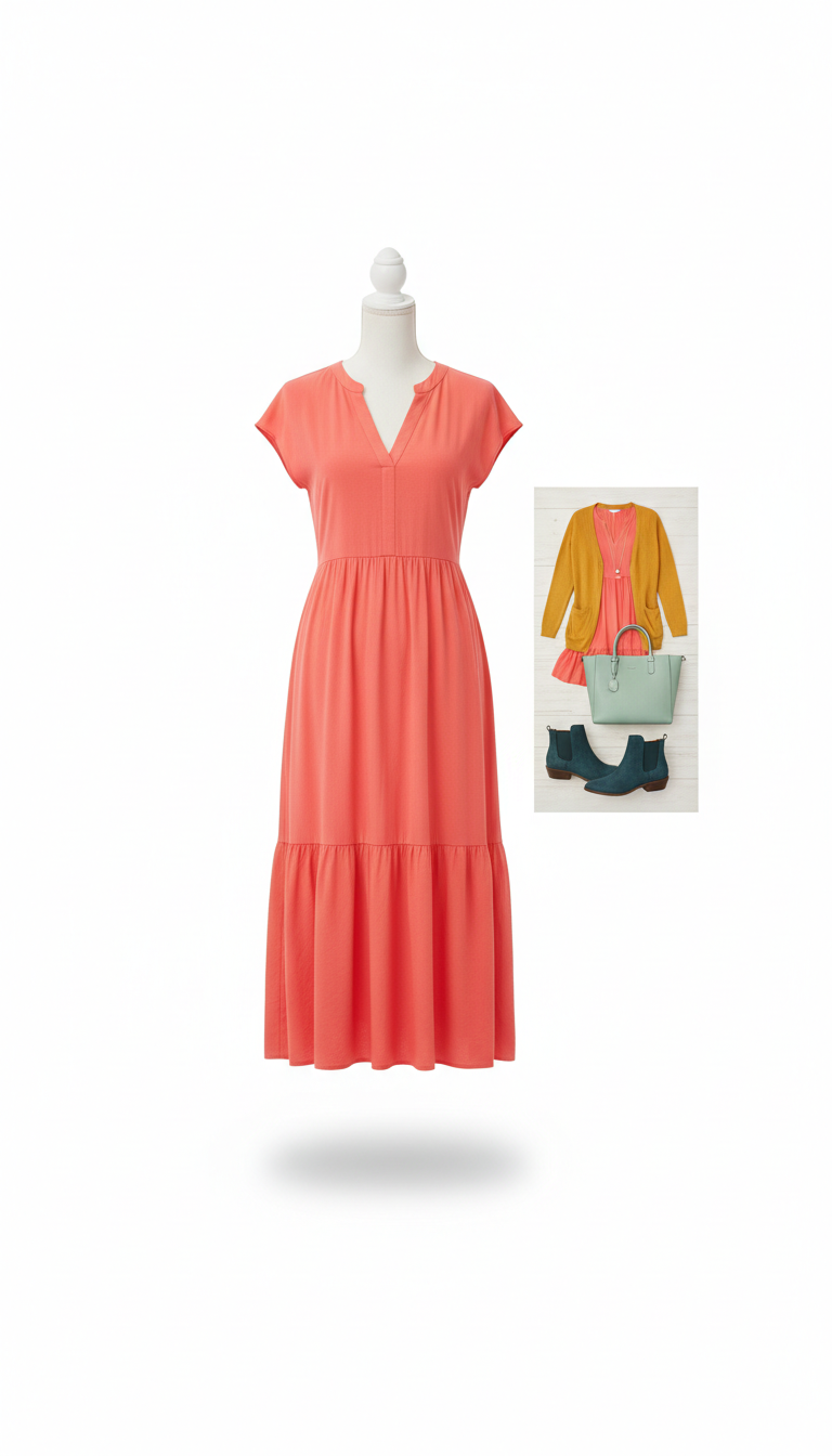 Illustrative sample coral midi dress for site review, not actual inventory