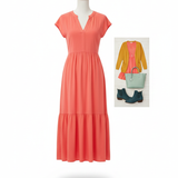 Illustrative sample coral midi dress for site review, not actual inventory