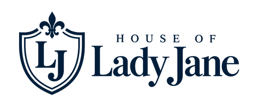 House of Lady Jane with LJ shield crest and fleur-de-lis